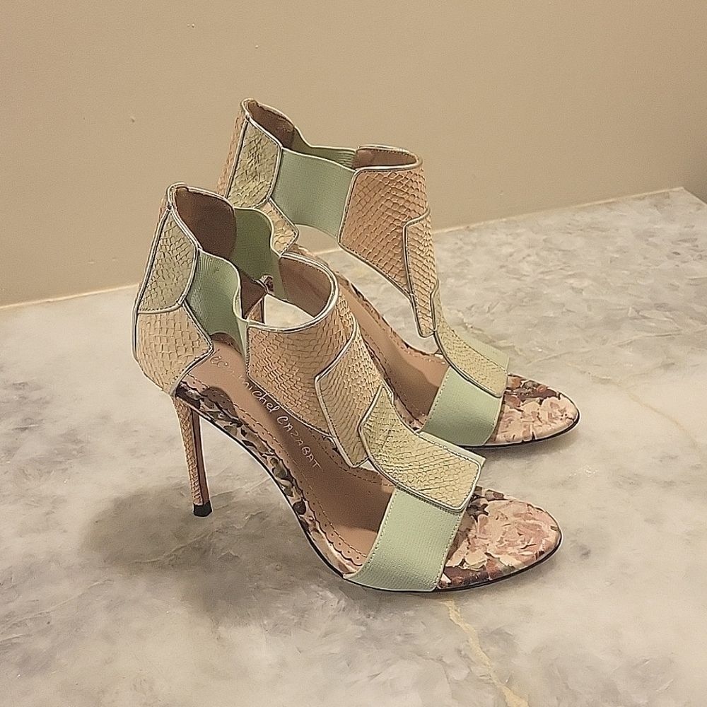 NEW Jean Michel Cazabat Octavia Stiletto Heel T Strap Sandals Snakeskin Nude 6.5